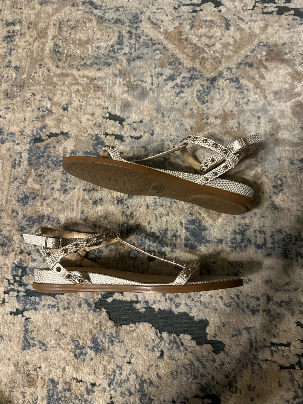 Studded T-Strap Sandals in Metallic Beige - Picture 3 of 4